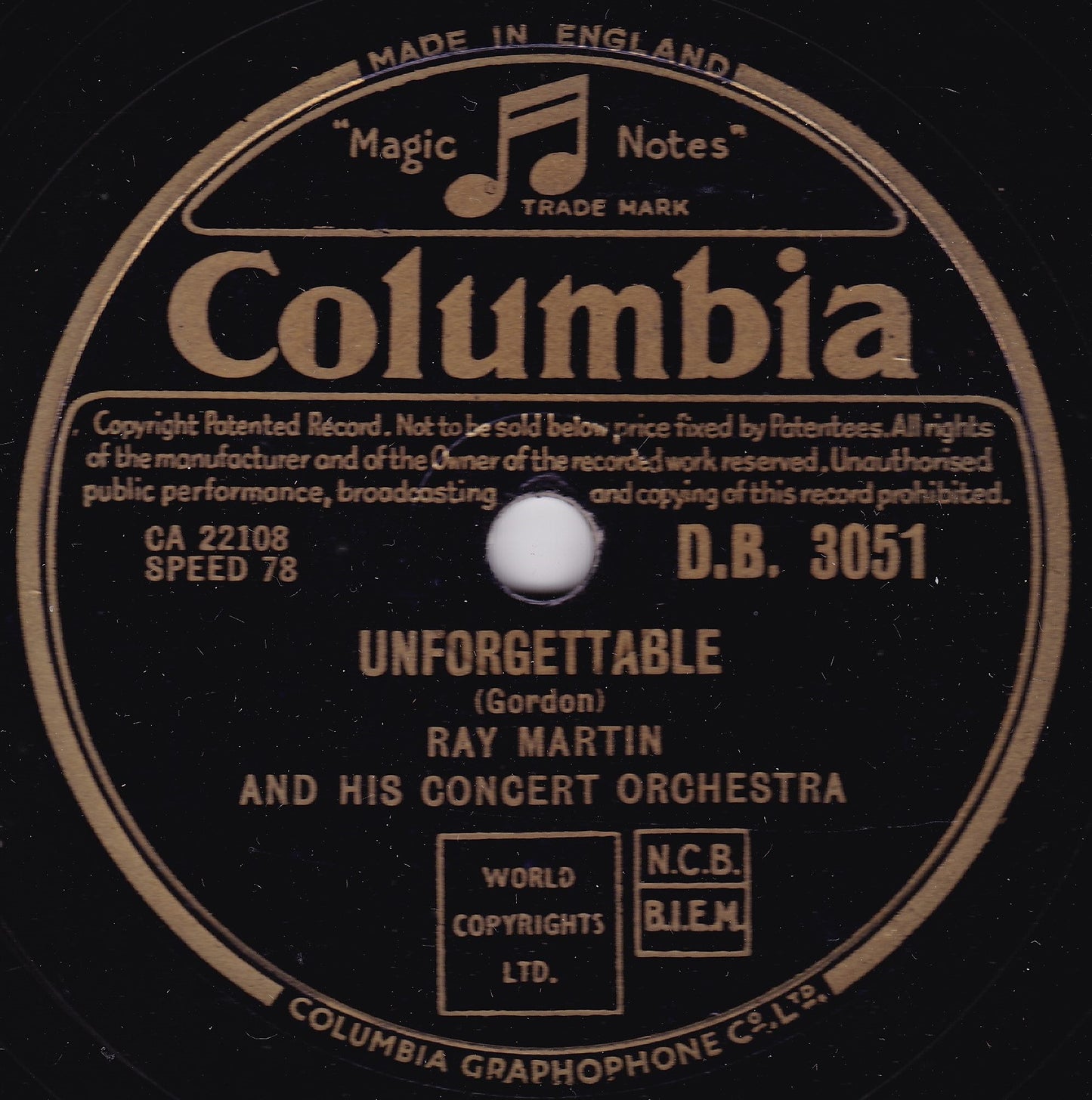 Ray Martin - Blue Tango / Unforgettable (Columbia 1952) 10" shellac VG/-