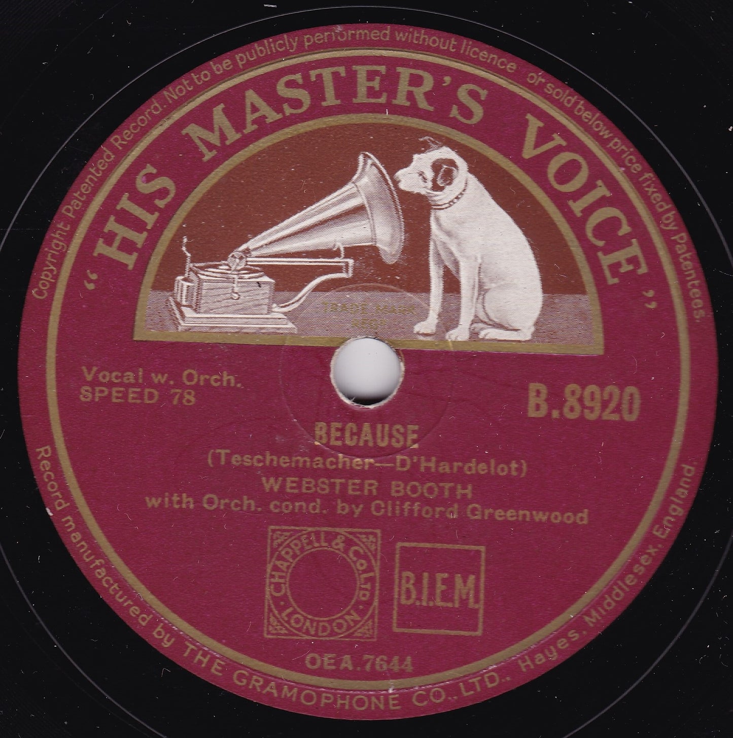 Webster Booth - Because / For You Alone (HMV 1939) 10" shellac VG/-