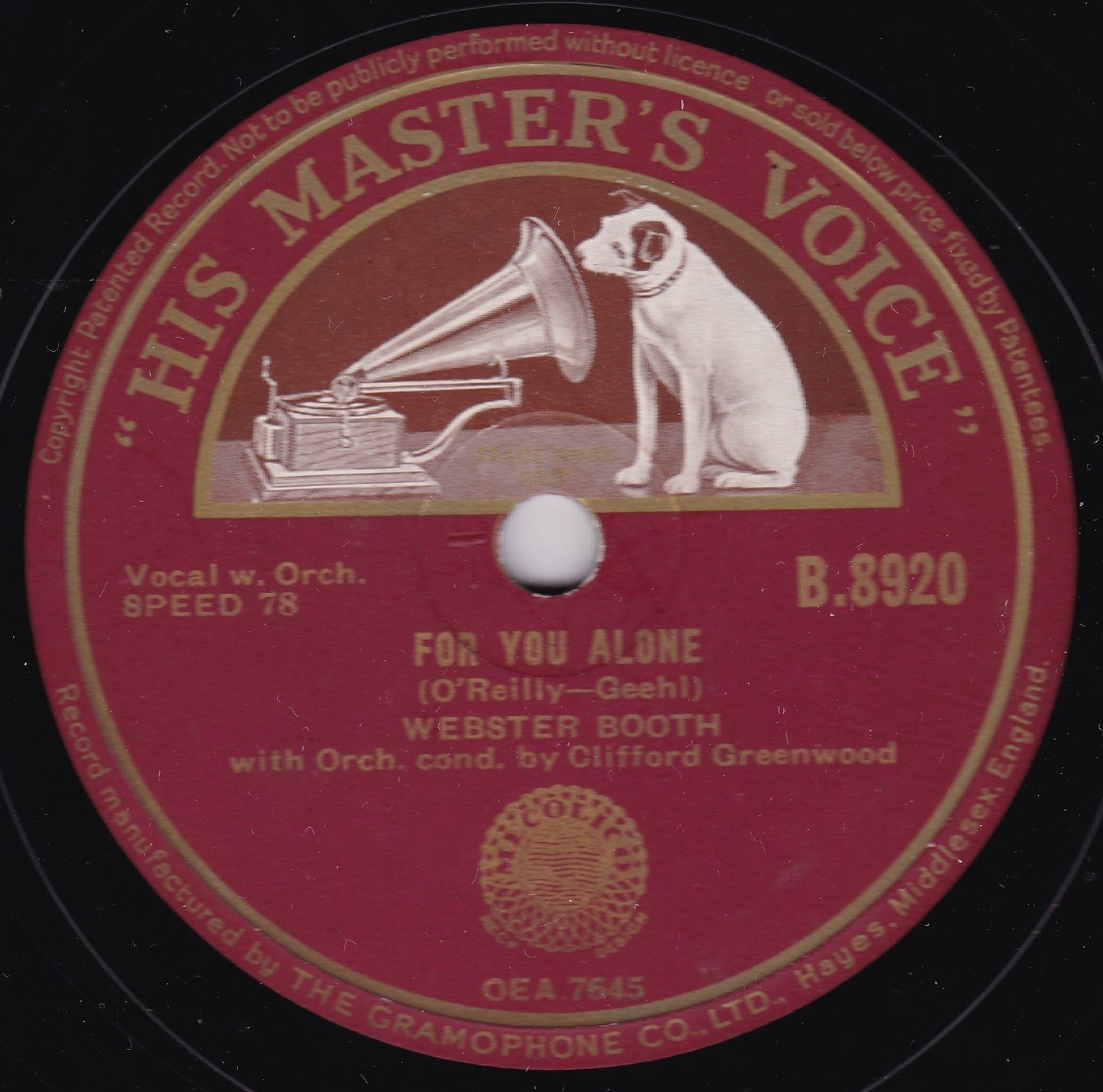 Webster Booth - Because / For You Alone (HMV 1939) 10" shellac VG/-