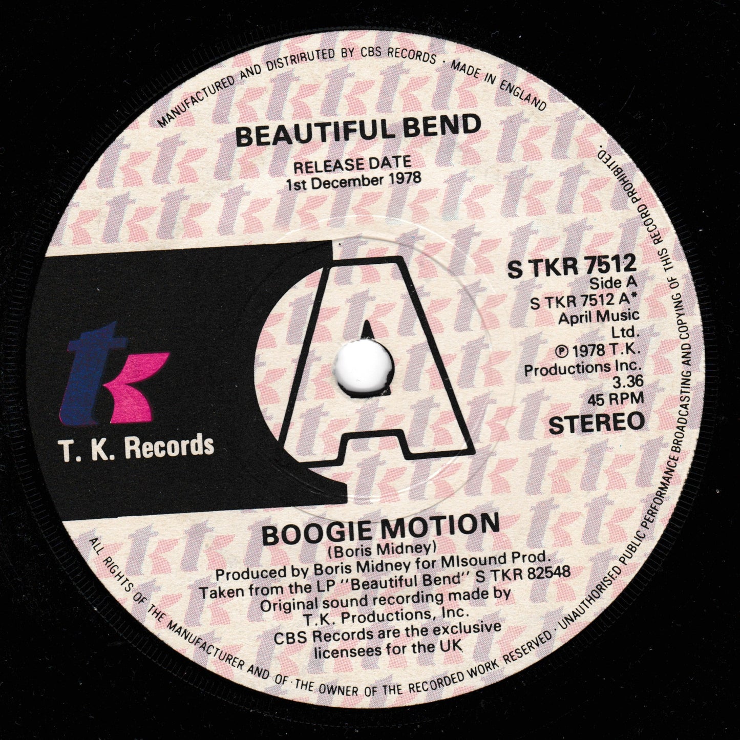 Beautiful Bend - Boogie Motion (TK 1978) 7" vinyl single VG/- promo