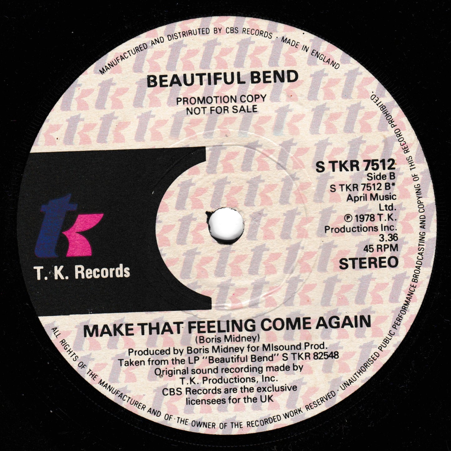 Beautiful Bend - Boogie Motion (TK 1978) 7" vinyl single VG/- promo