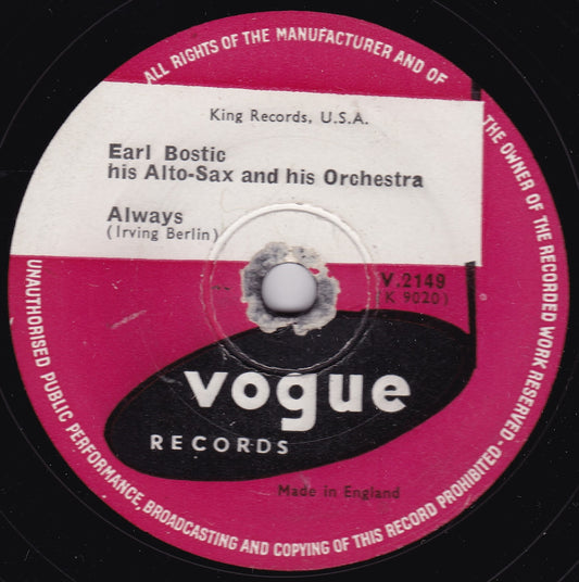 Earl Bostic - Always / Lover Come Back To Me (Vogue) 10" shellac VG/-