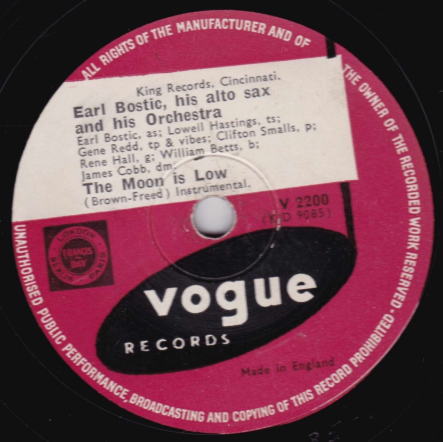 Earl Bostic - Serenade / The Moon Is Low (Vogue 1954) 10" shellac VG/-