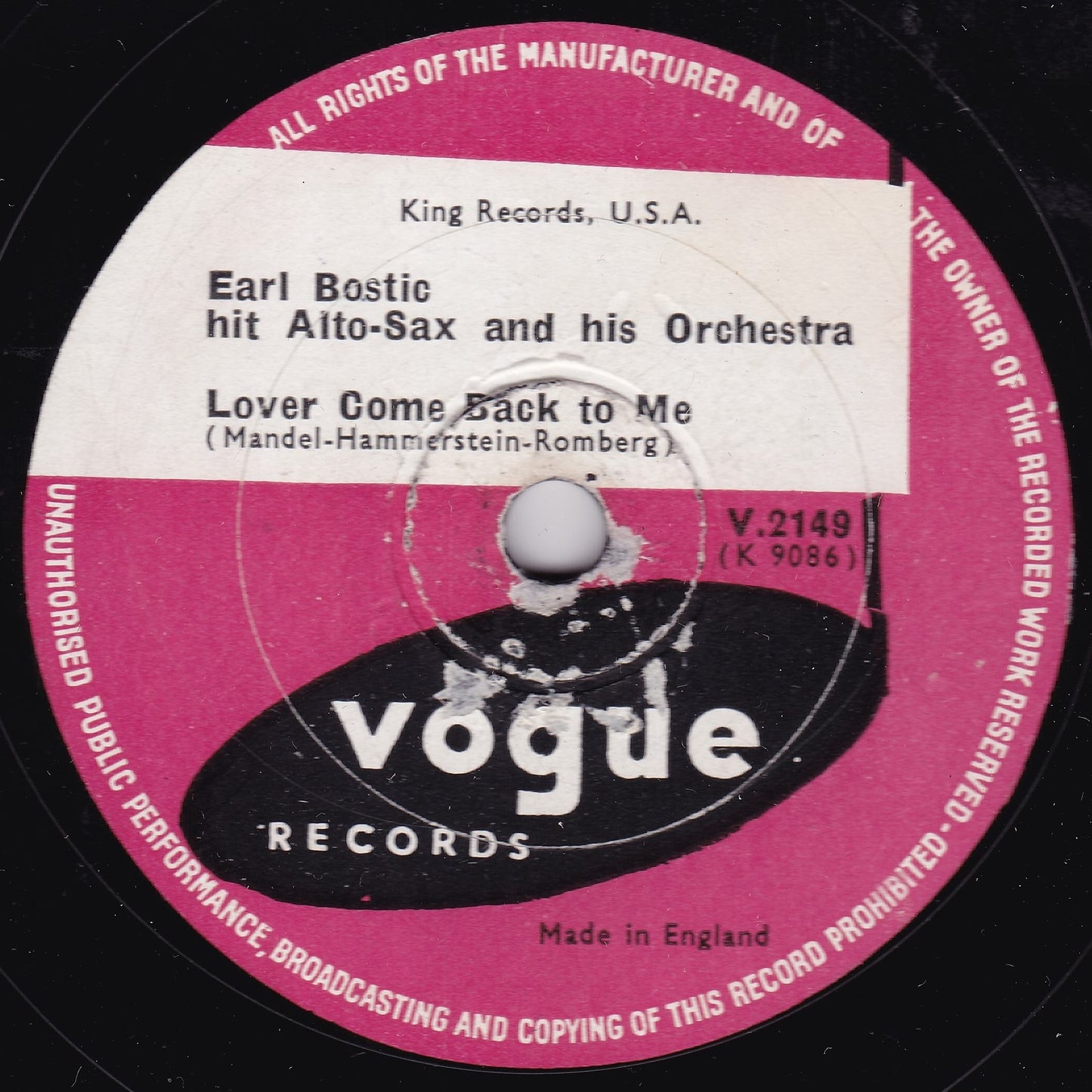 Earl Bostic - Always / Lover Come Back To Me (Vogue) 10" shellac VG/-