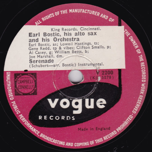 Earl Bostic - Serenade / The Moon Is Low (Vogue 1954) 10" shellac VG/-