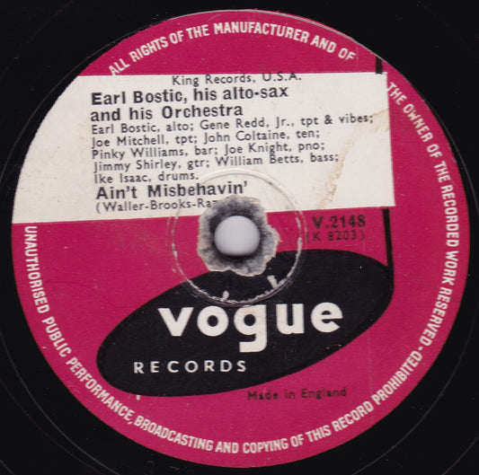 Earl Bostic - Moonglow / Ain't Misbehavin' (Vogue 1952) 10" shellac VG/-