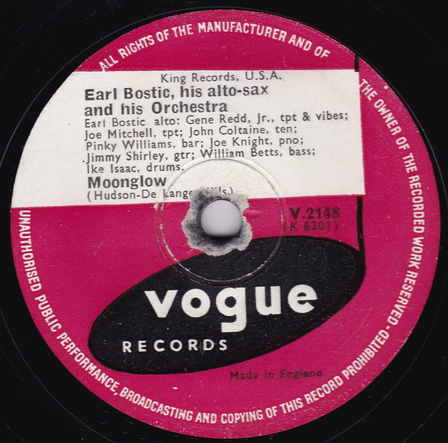 Earl Bostic - Moonglow / Ain't Misbehavin' (Vogue 1952) 10" shellac VG/-