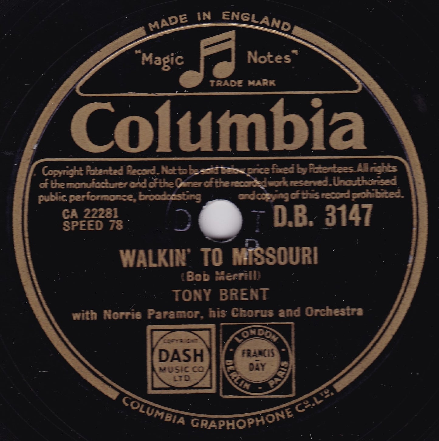 Tony Brent – Walkin' To Missouri (Columbia 1952) 10" shellac VG/-