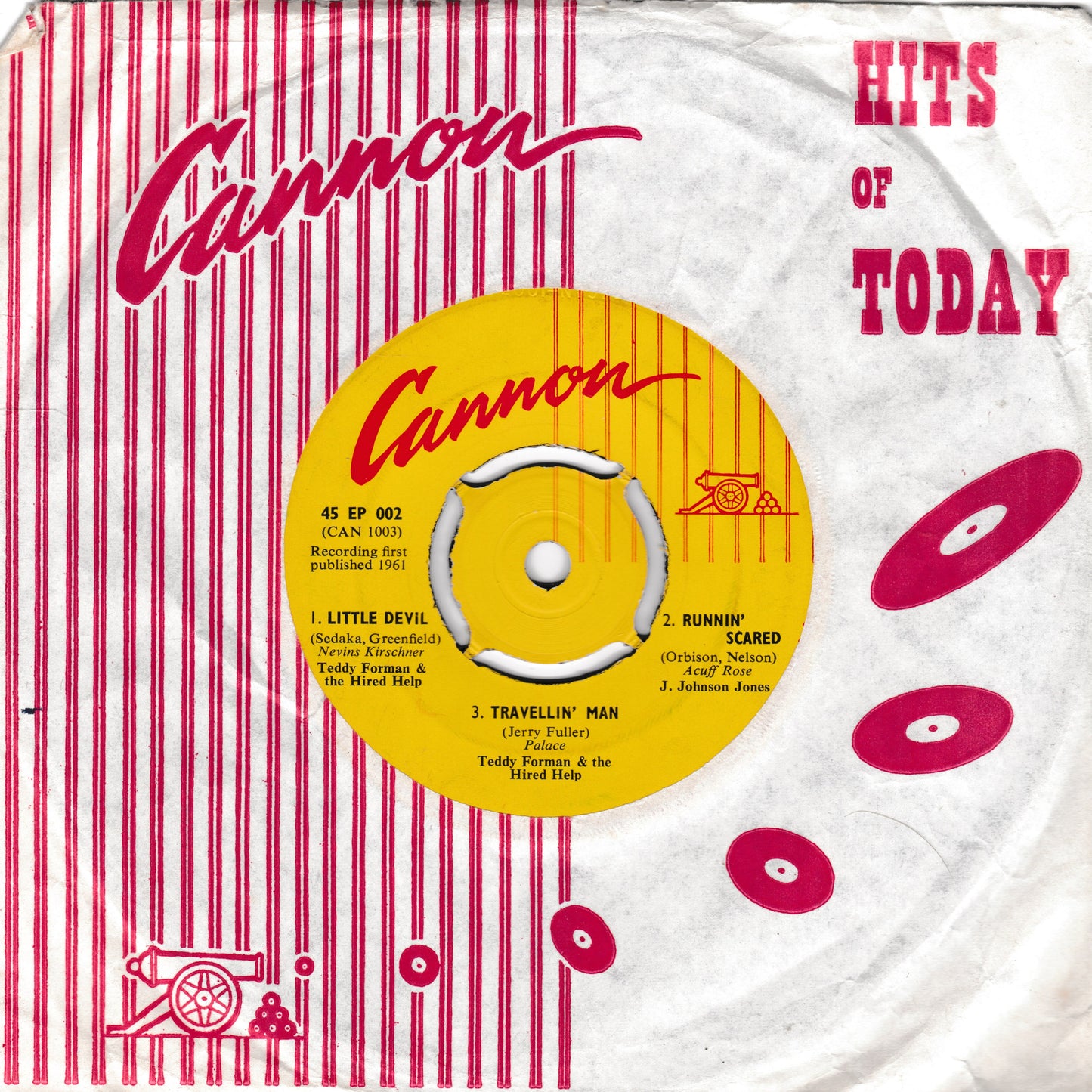 Record sleeve with 'Cannon' branding and tracklist on a red and white striped background