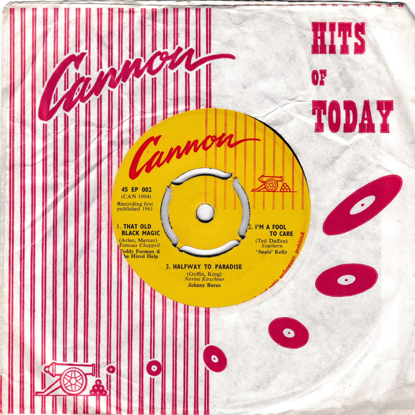 Record cover with 'Cannon' branding and a yellow label on a red and white striped background