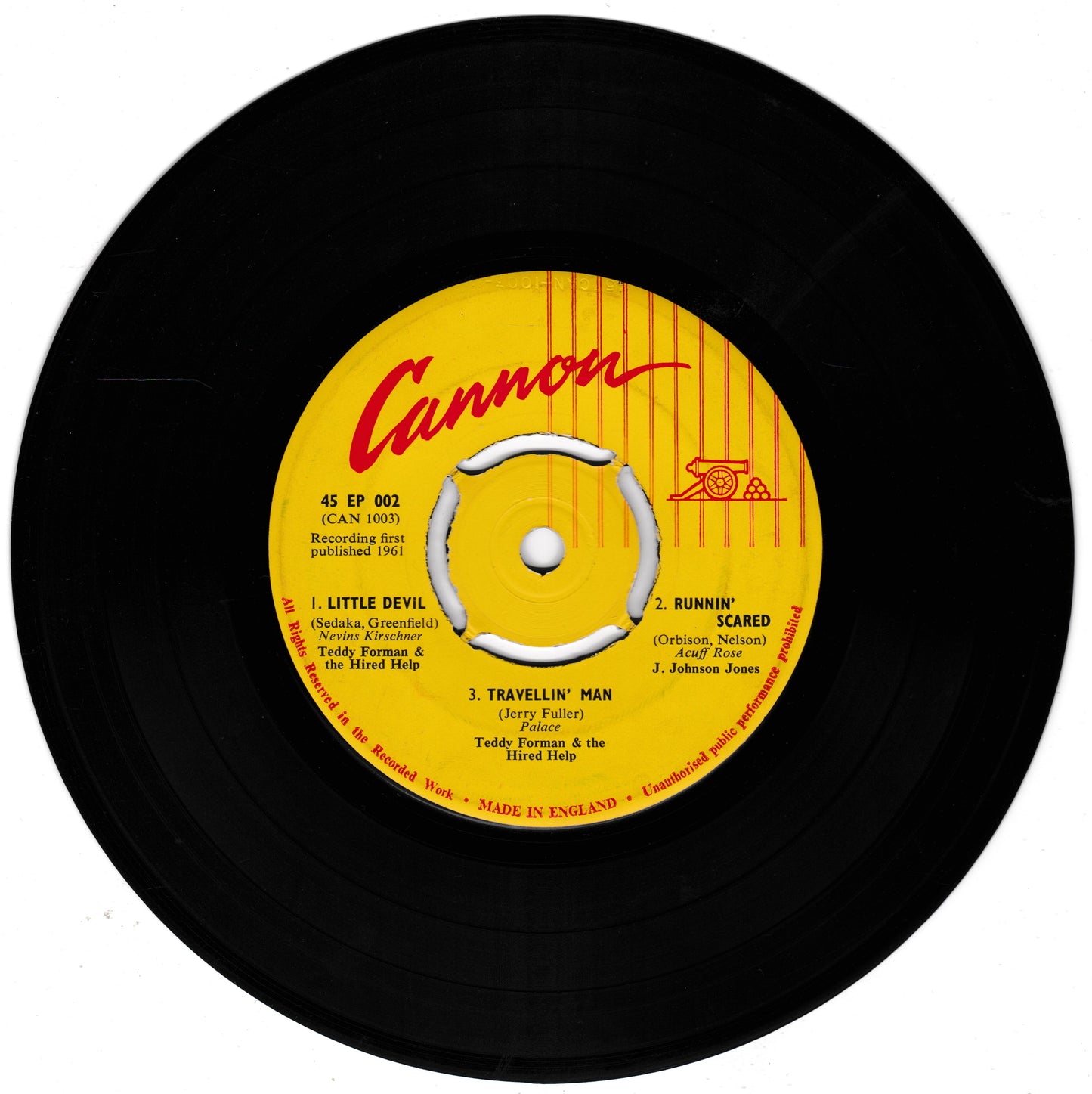 Black vinyl record with yellow label featuring the brand 'Cannon' on a white background