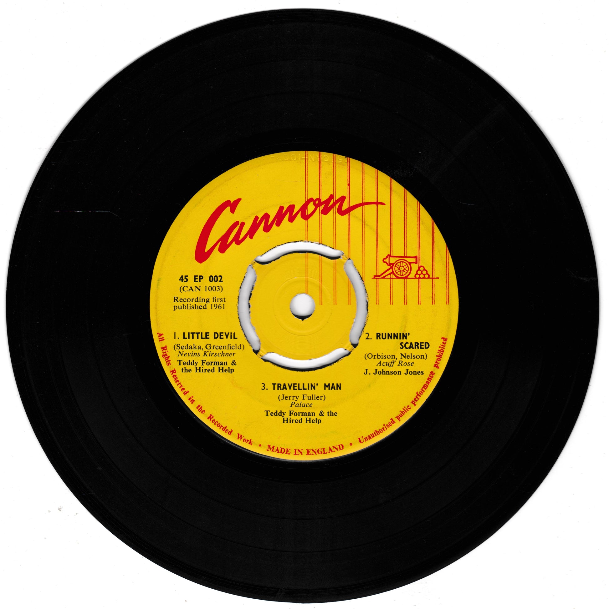 Black vinyl record with yellow label featuring the brand 'Cannon' on a white background