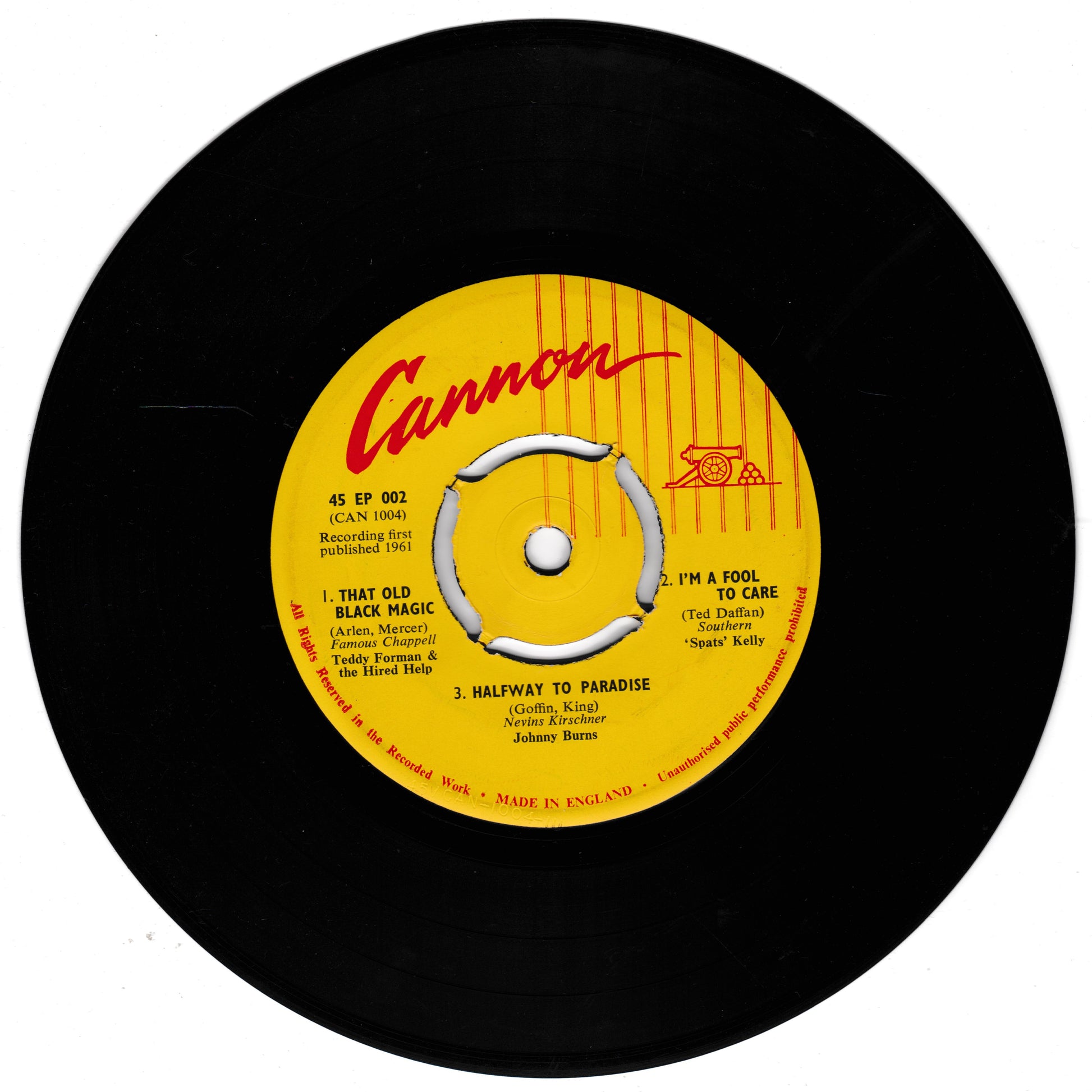 Vinyl record with yellow label featuring the brand 'Cannon' on a white background