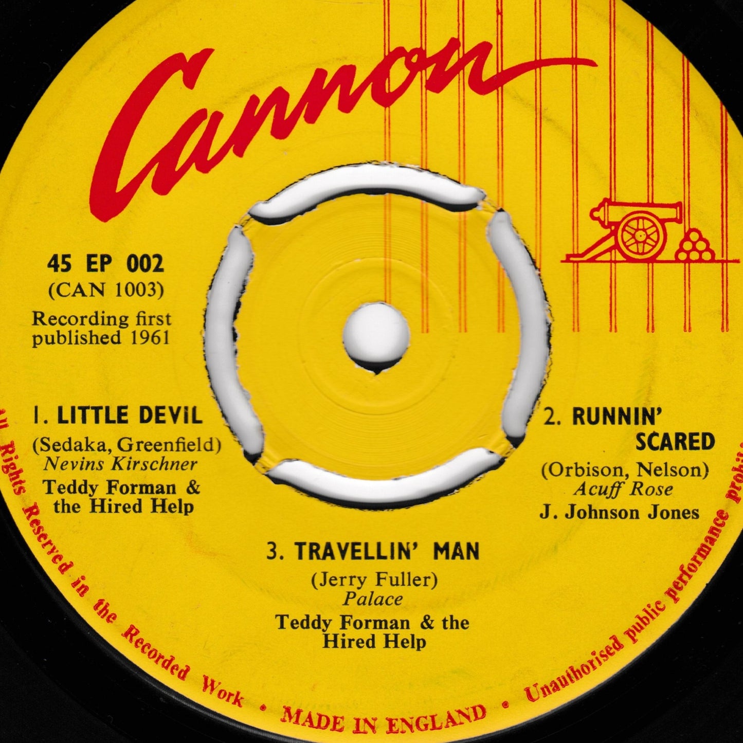 Record label with 'Cannon' branding and track listing on a yellow background