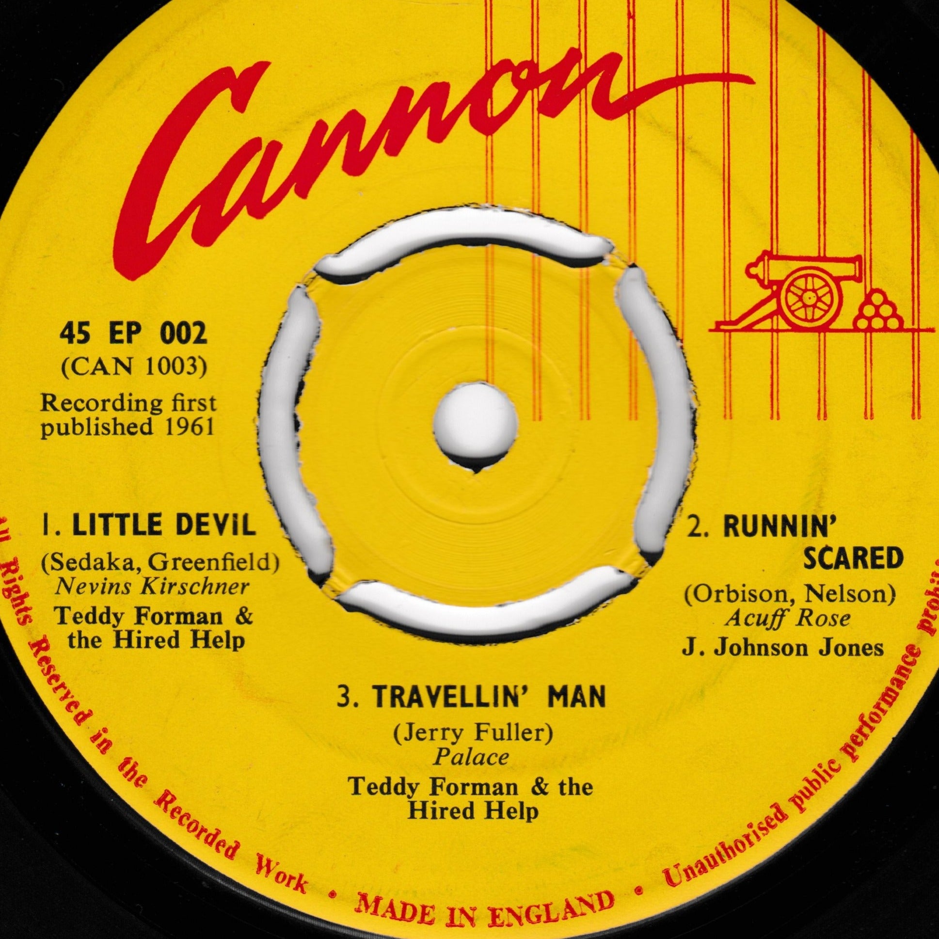 Record label with 'Cannon' branding and track listing on a yellow background