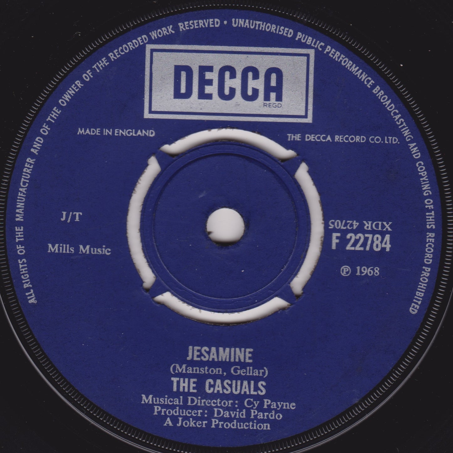 The Casuals ‎– Jesamine (Decca 1968) 7" vinyl single G+/-