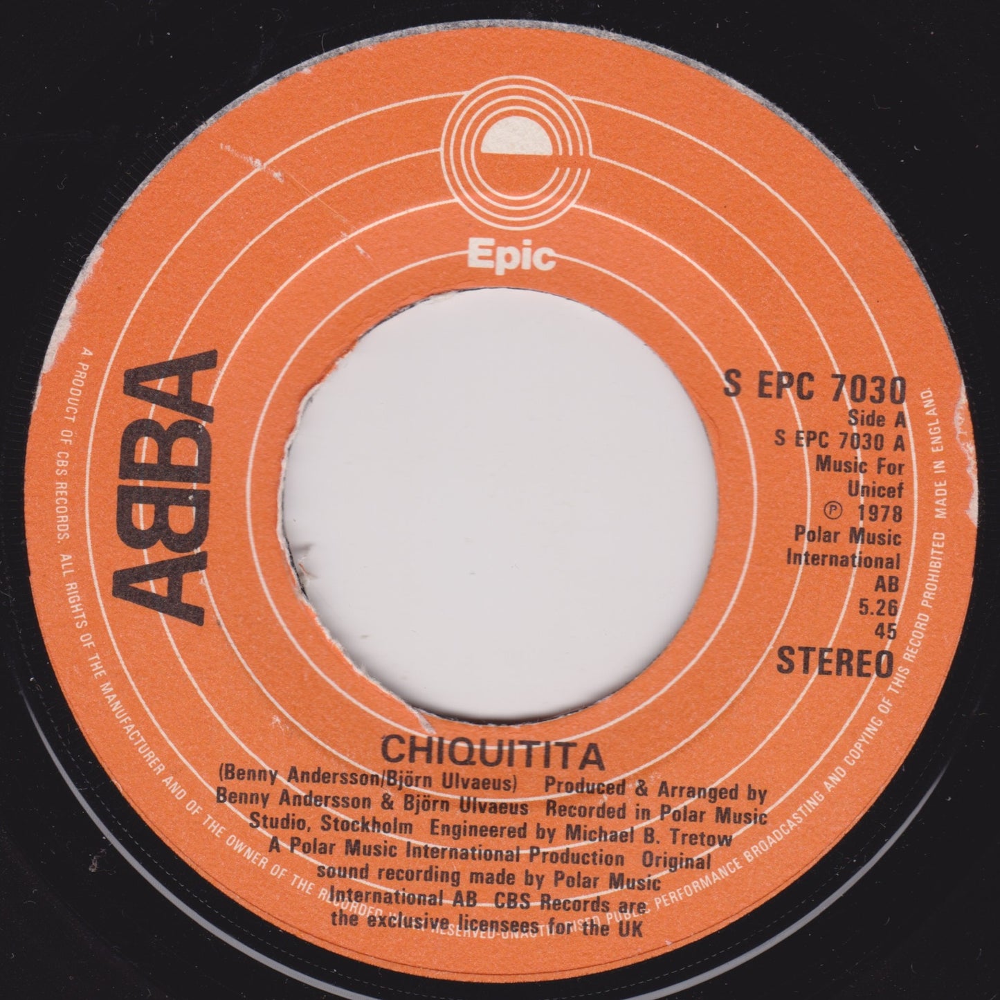 ABBA – Chiquitita (Epic, 1979) 7" vinyl single VG/- jukebox centre hole