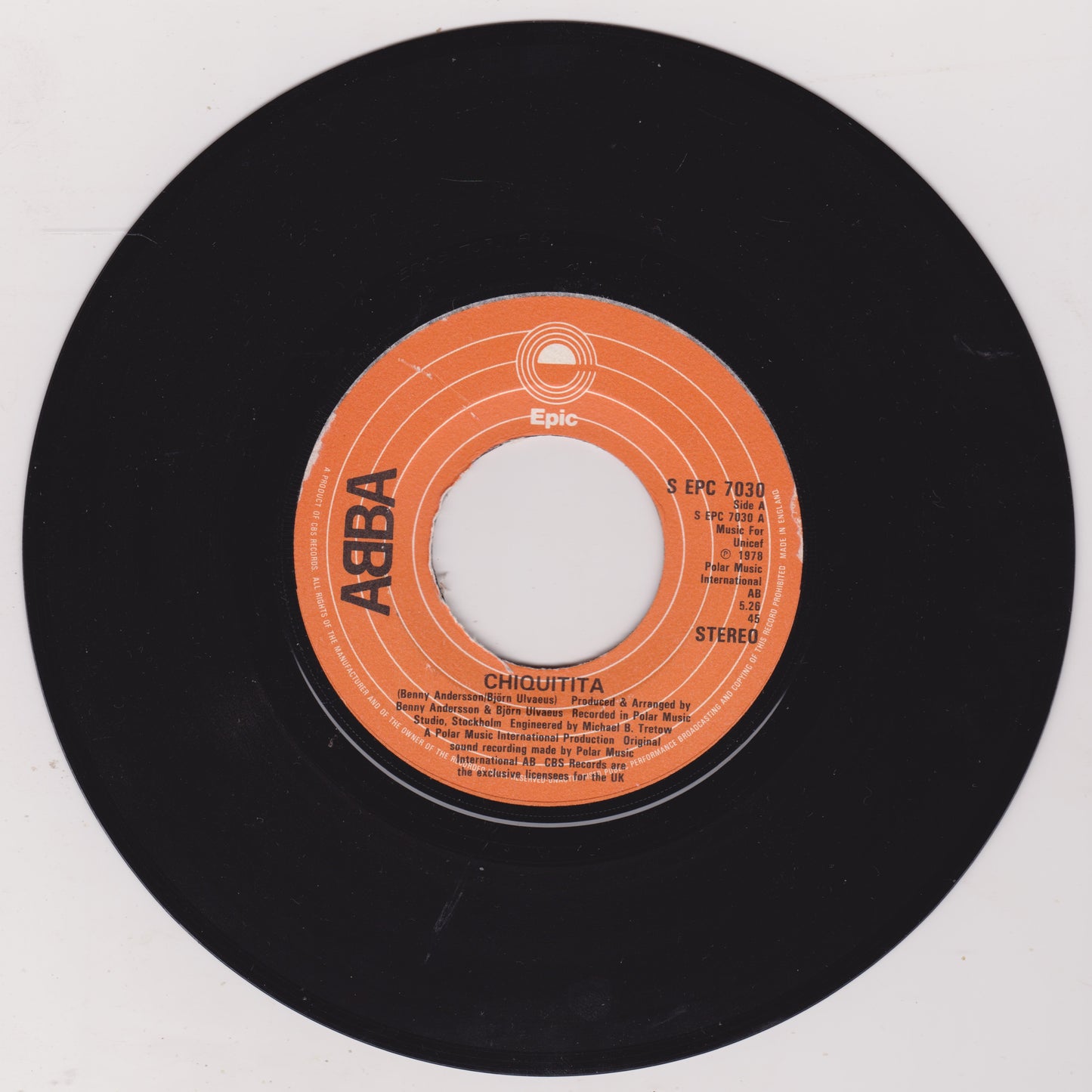 ABBA – Chiquitita (Epic, 1979) 7" vinyl single VG/- jukebox centre hole
