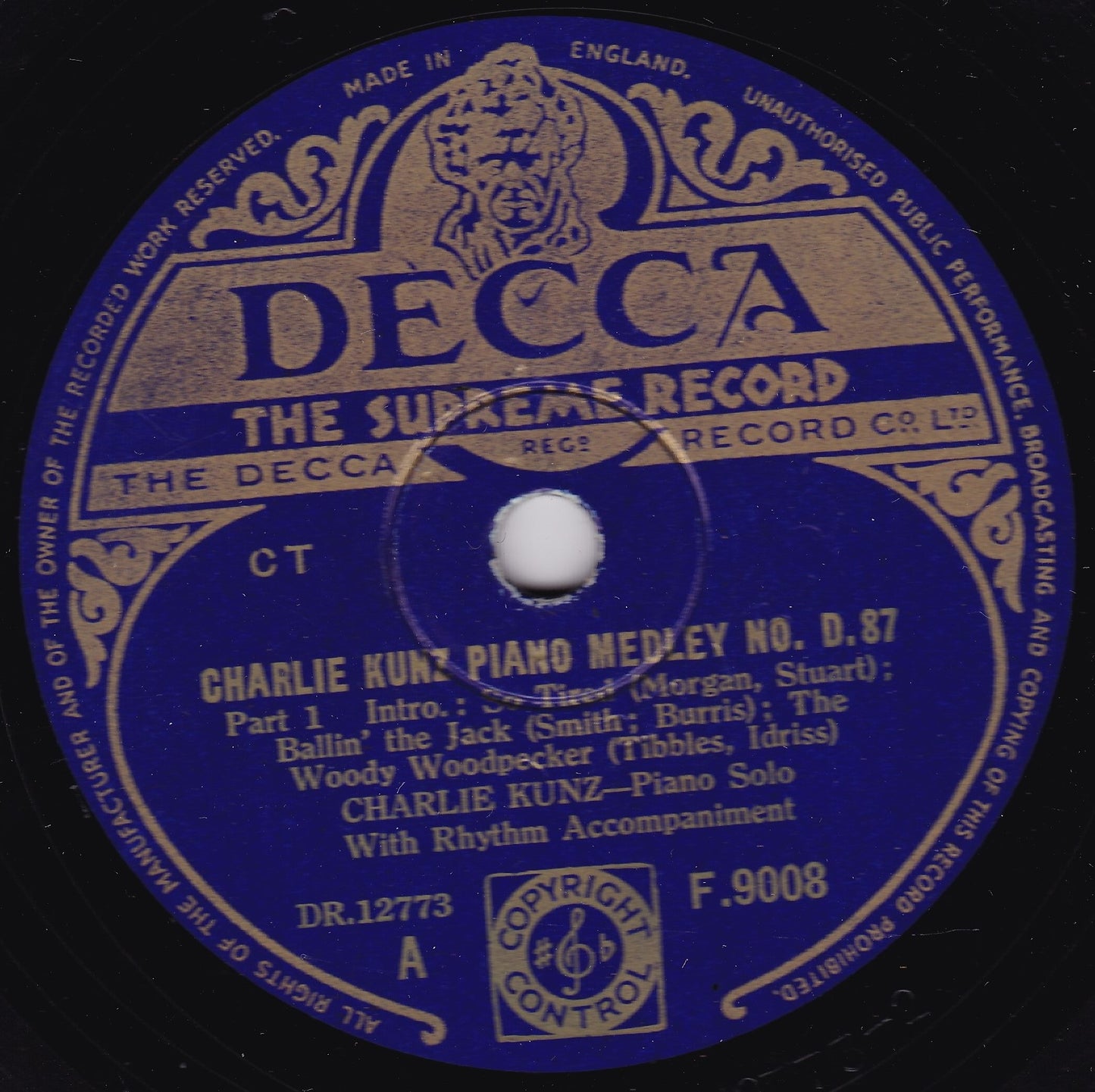 Charlie Kunz – Charlie Kunz Piano Medley No. D.87 (Decca 1948) 10" shellac VG/-