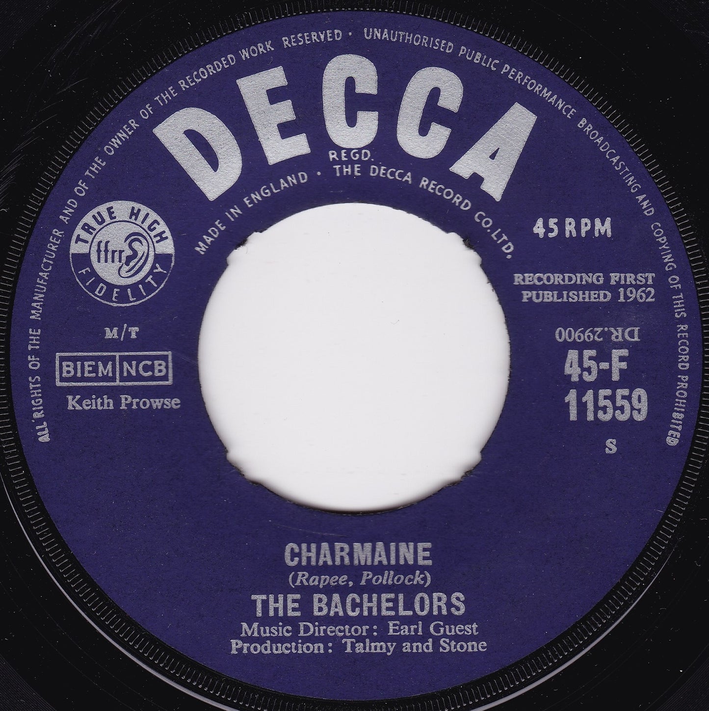 The Bachelors – Charmaine (Decca, 1963) 7" vinyl single VG/- jukebox centre