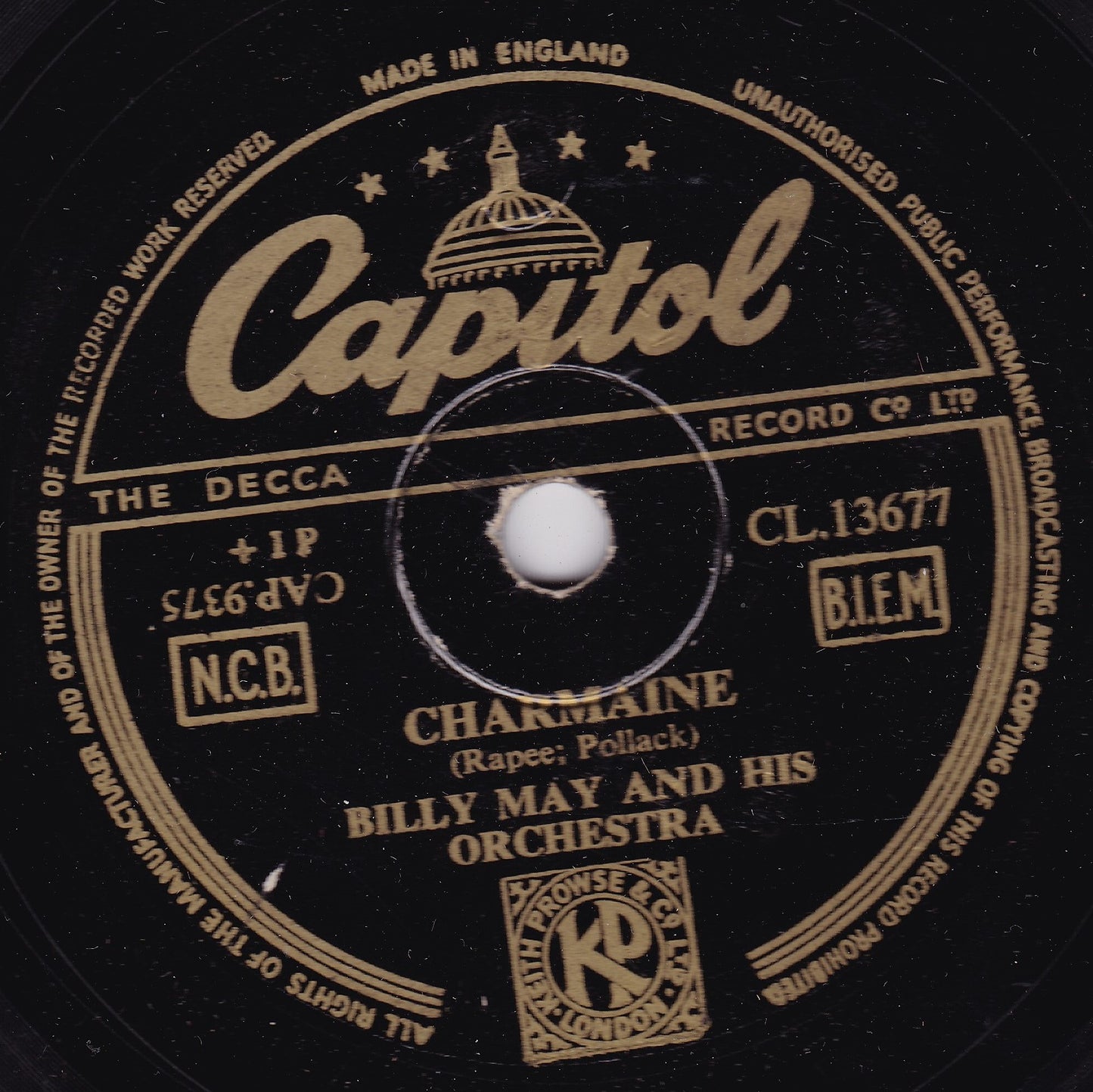 Billy May And His Orchestra ‎– Charmaine (Capitol 1952) 10" shellac VG/-