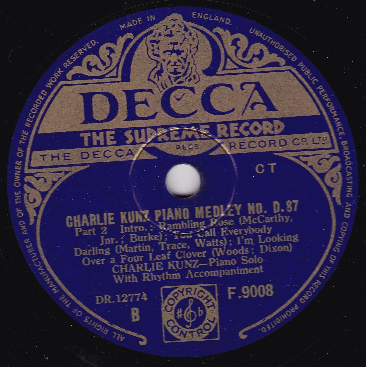 Charlie Kunz – Charlie Kunz Piano Medley No. D.87 (Decca 1948) 10" shellac VG/-