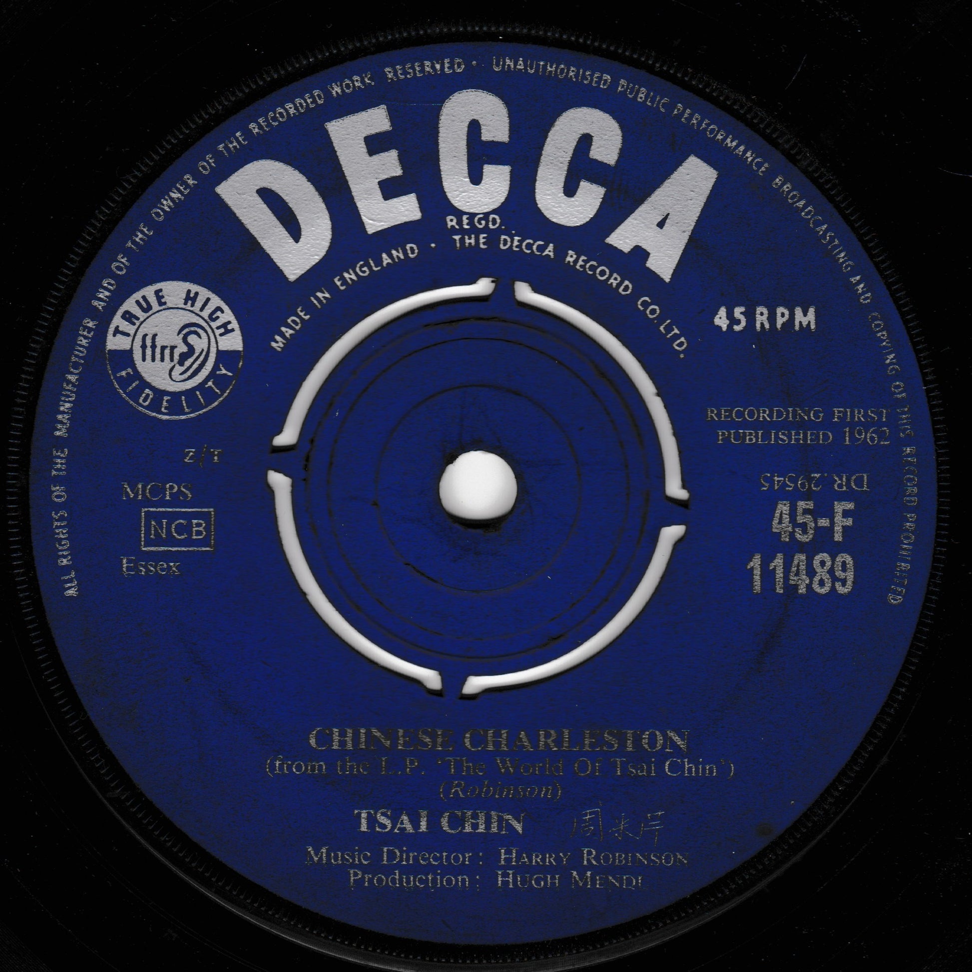 Decca record label with text and design elements on a blue background