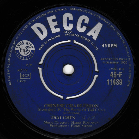 Decca record label with text and design elements on a blue background