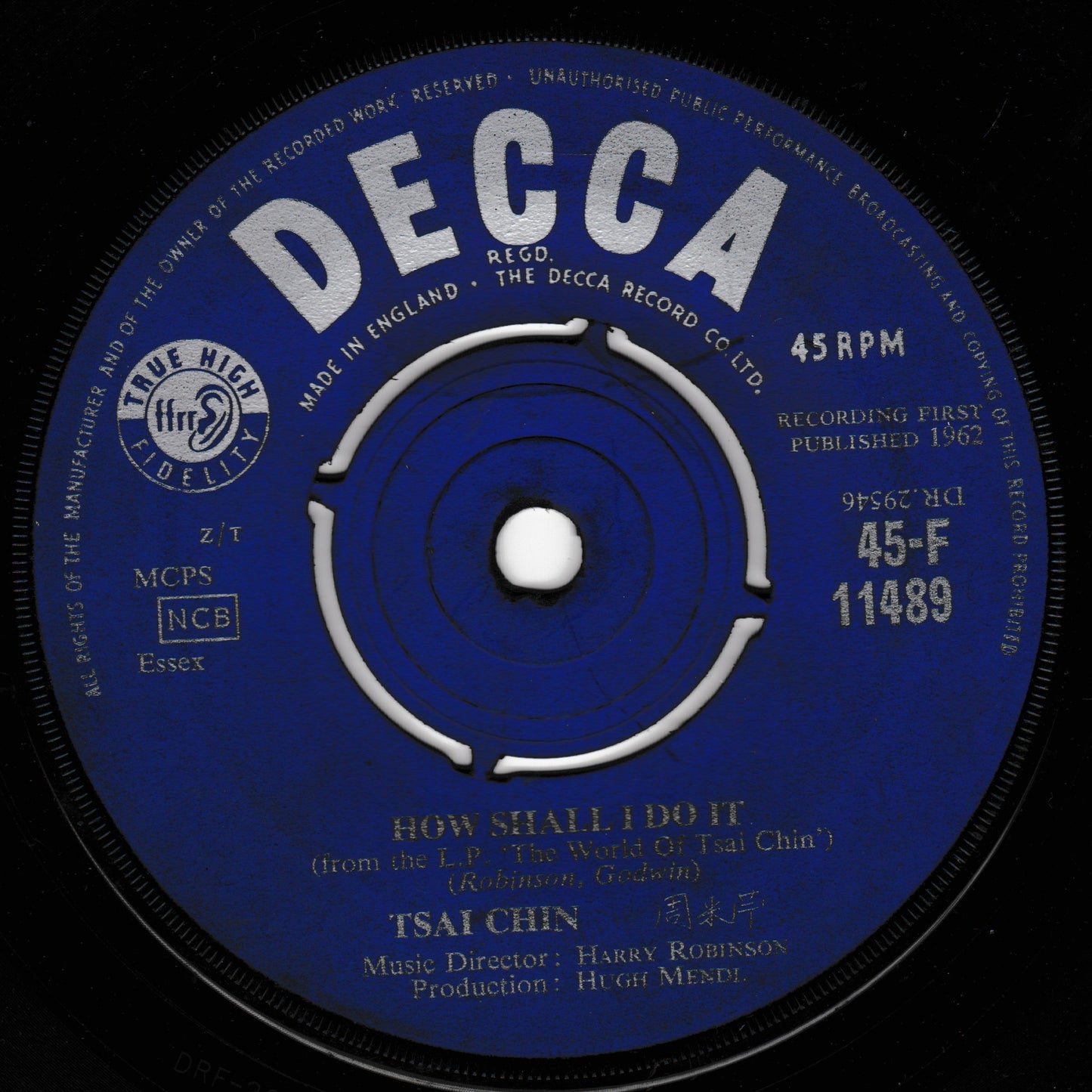 Decca record label with text and branding on a blue background