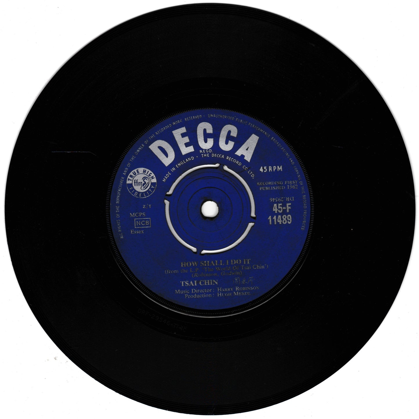 Black vinyl record with a blue label featuring the Decca Records logo.