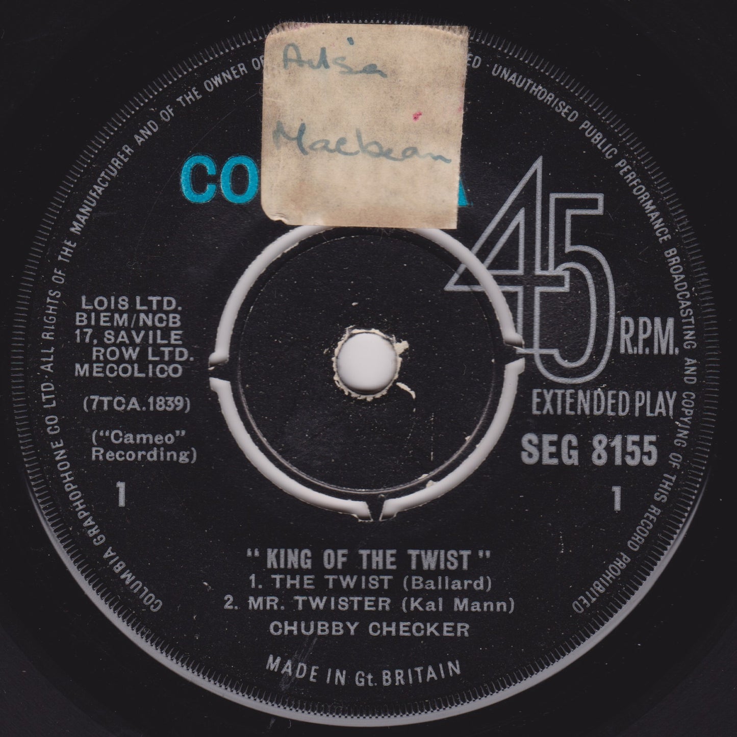 Chubby Checker ‎– King Of The Twist (Columbia 1962) 7" vinyl EP G+/-