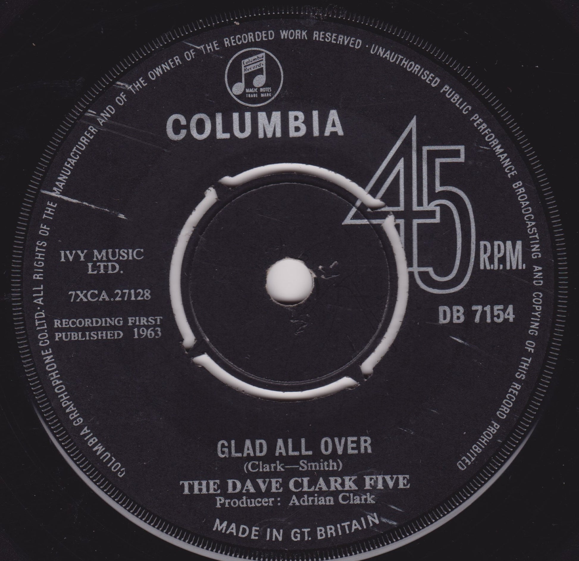 Columbia 45 RPM record label for 'Glad All Over' by The Dave Clark Five.