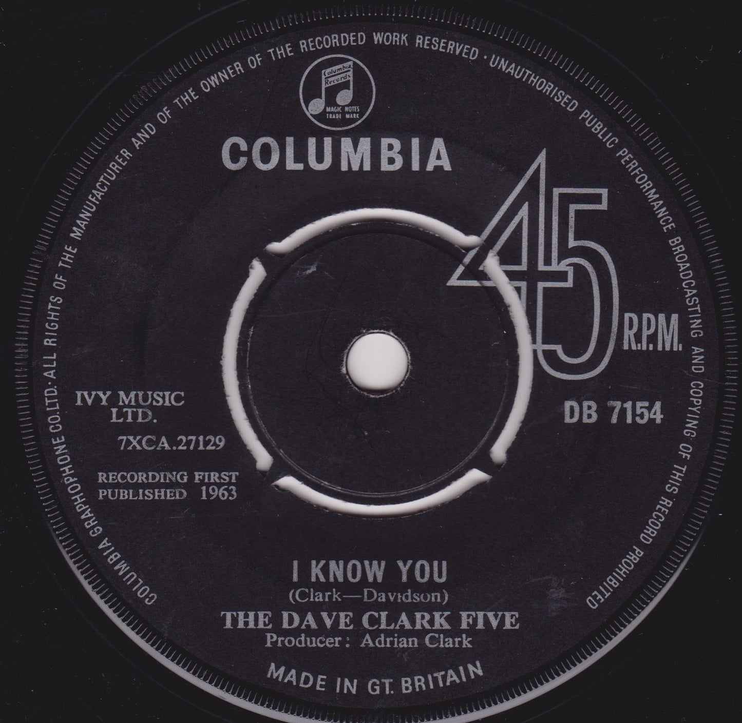 Record label for a Columbia 45 RPM record by The Dave Clark Five with text and branding.