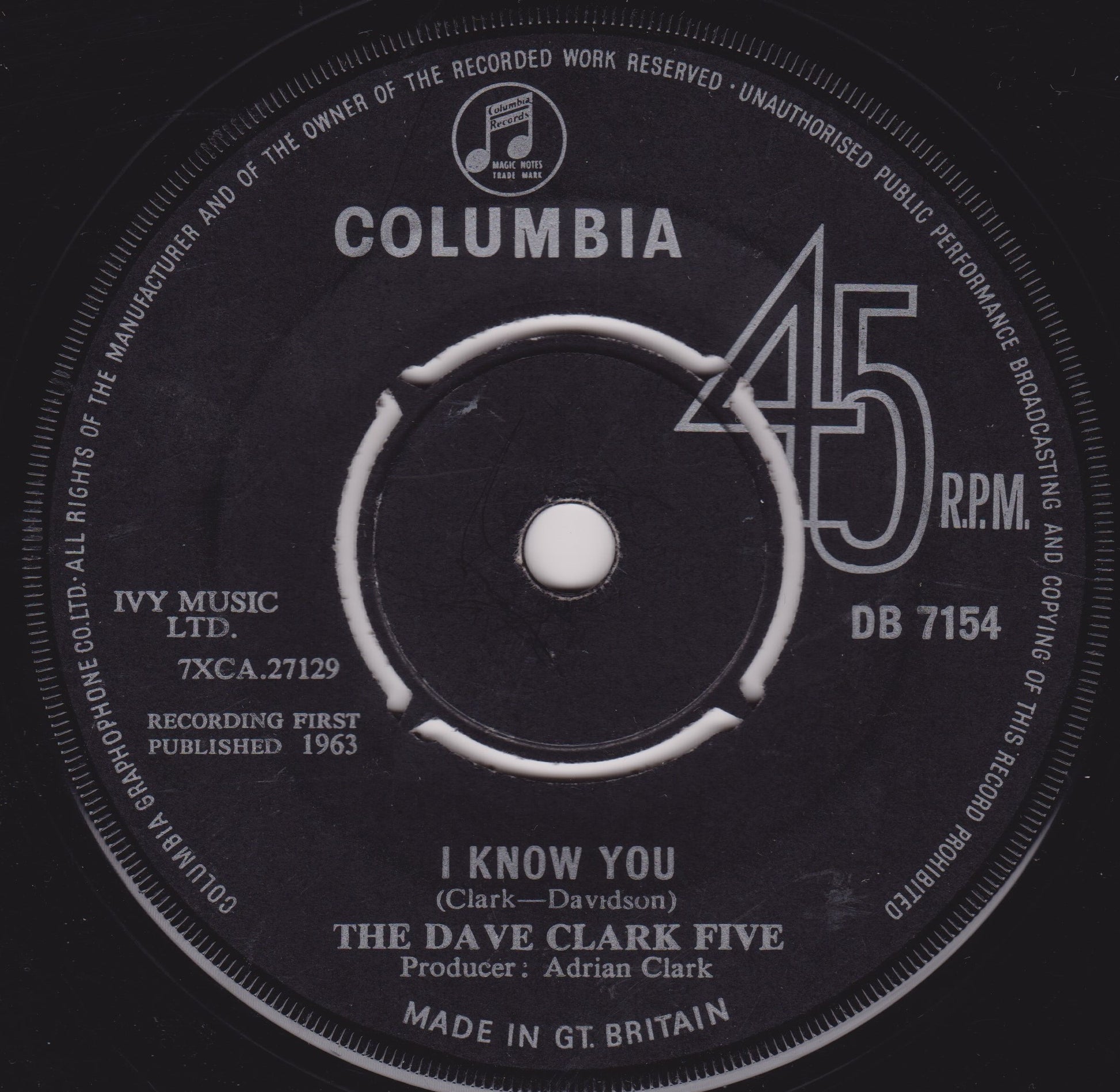Record label for a Columbia 45 RPM record by The Dave Clark Five with text and branding.