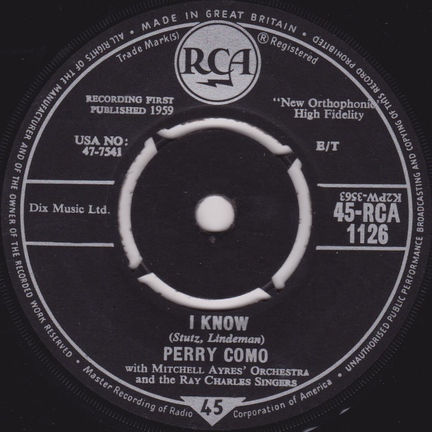 Perry Como – I Know (RCA 1959) 7" vinyl single VG/-