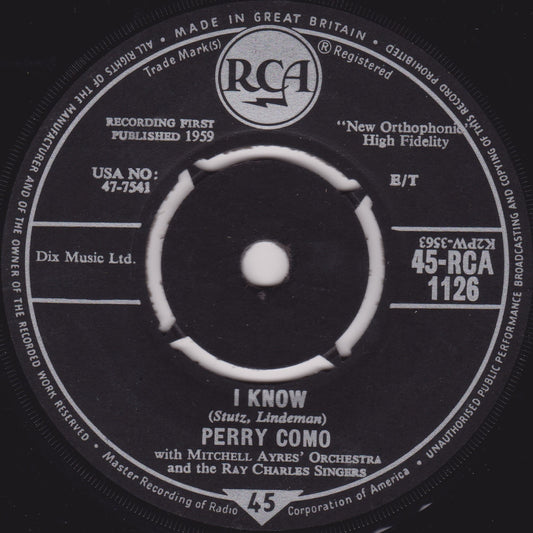 Perry Como – I Know (RCA 1959) 7" vinyl single VG/-