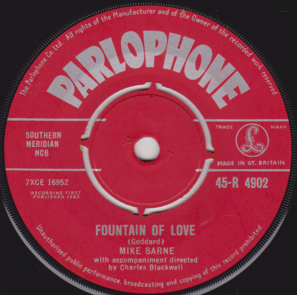 Parlophone record label with text and a red background