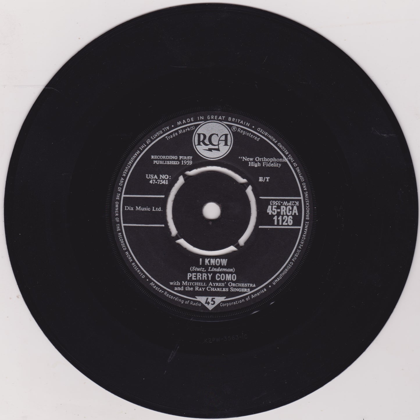 Perry Como – I Know (RCA 1959) 7" vinyl single VG/-