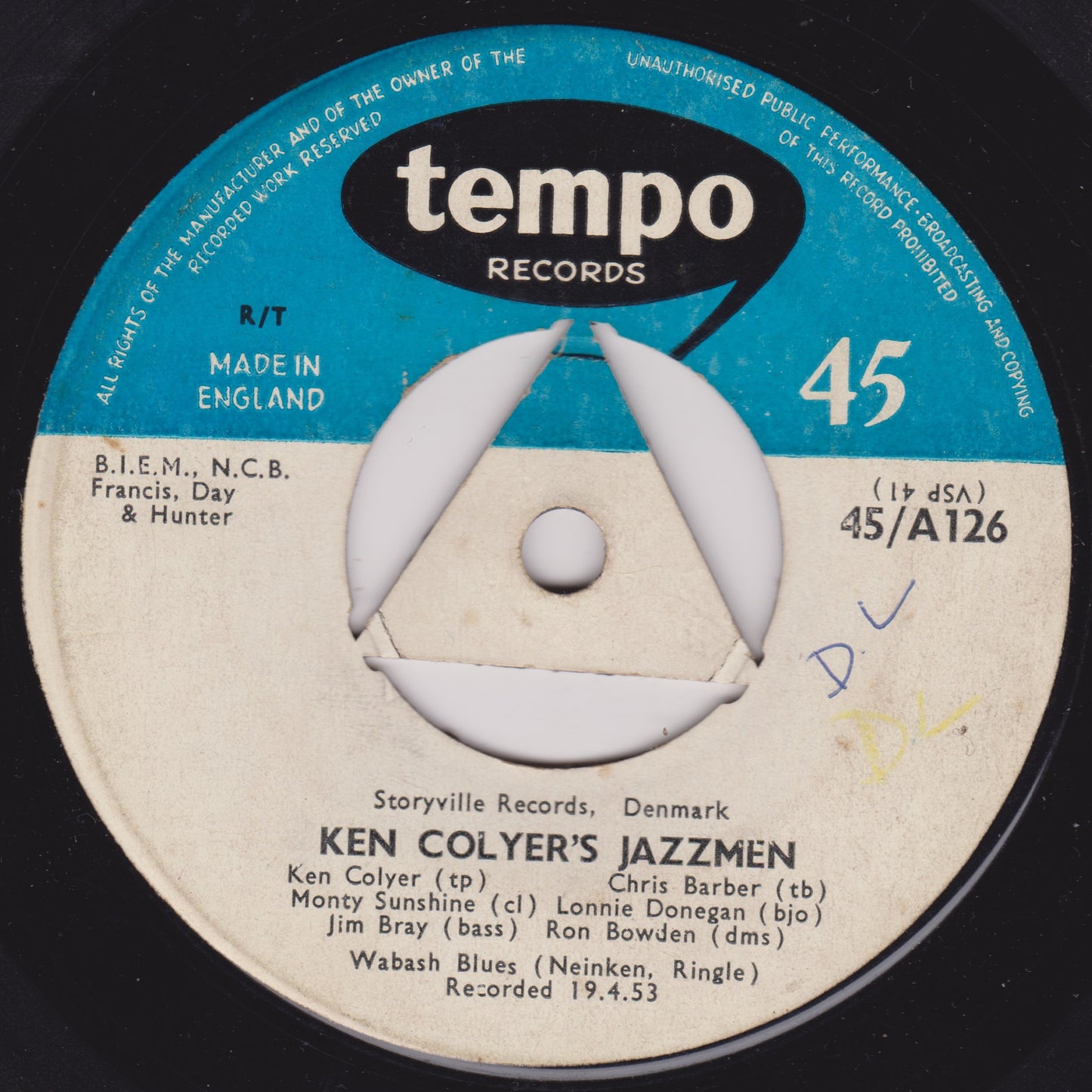 Ken Colyer's Jazzmen ‎– My Bucket's Got A Hole In It / Wabash Blues (Tempo) 7" vinyl single G+/- mono