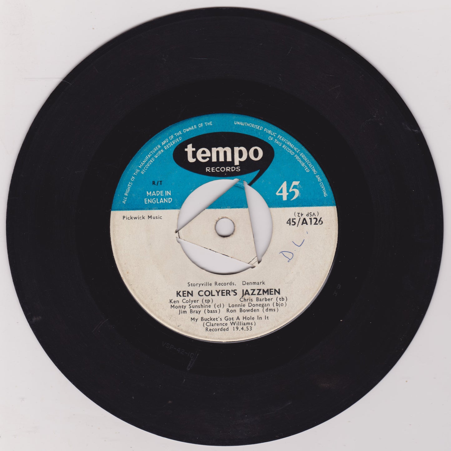 Ken Colyer's Jazzmen ‎– My Bucket's Got A Hole In It / Wabash Blues (Tempo) 7" vinyl single G+/- mono
