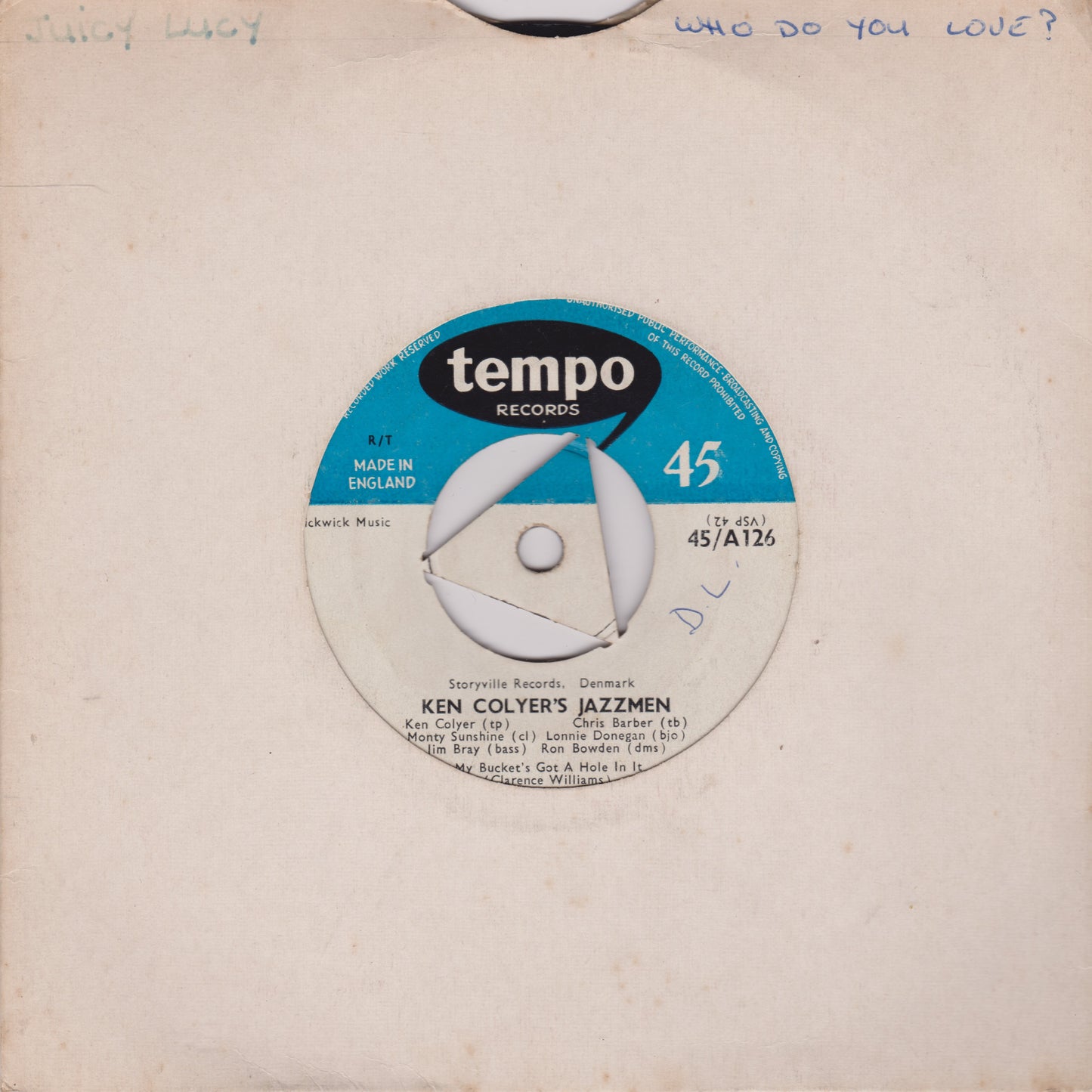 Ken Colyer's Jazzmen ‎– My Bucket's Got A Hole In It / Wabash Blues (Tempo) 7" vinyl single G+/- mono