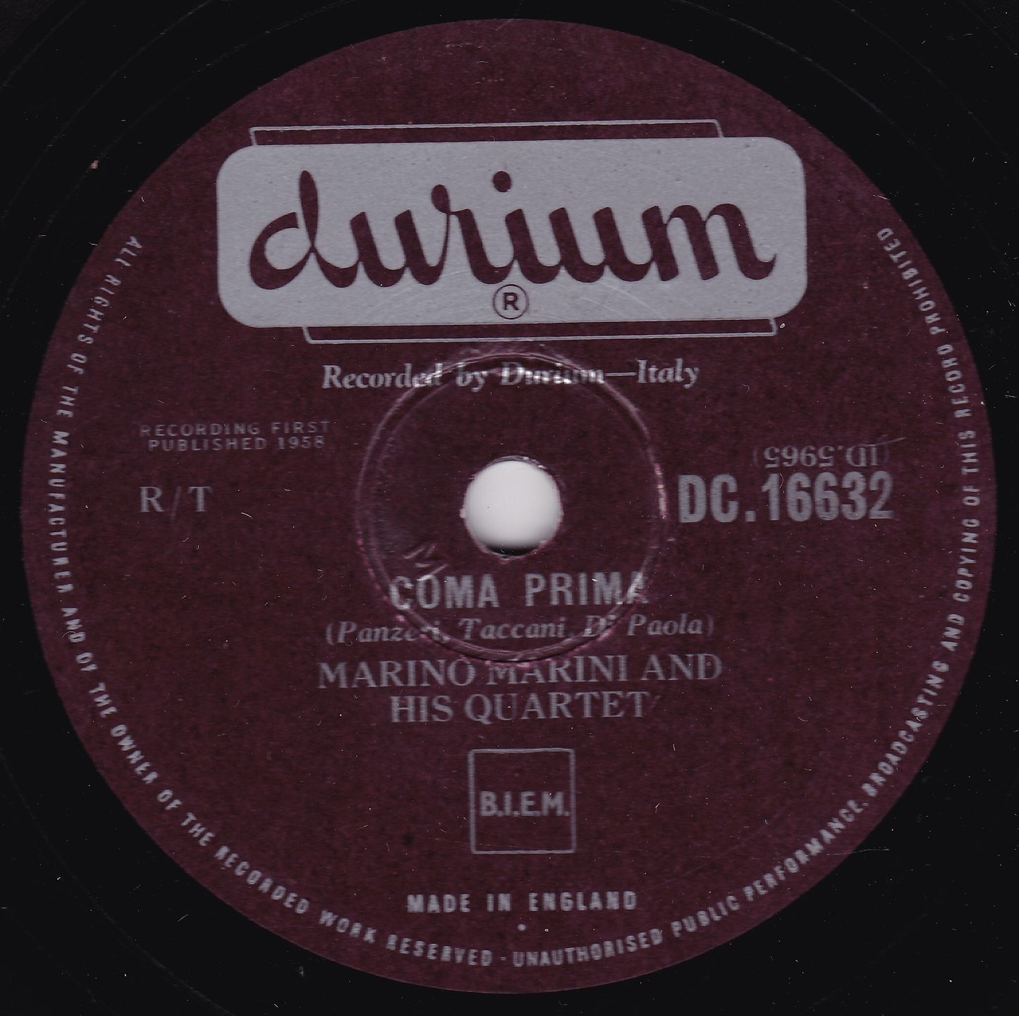 Marino Marini And His Quartet – Come Prima (Durium 1958) 10" shellac VG/-