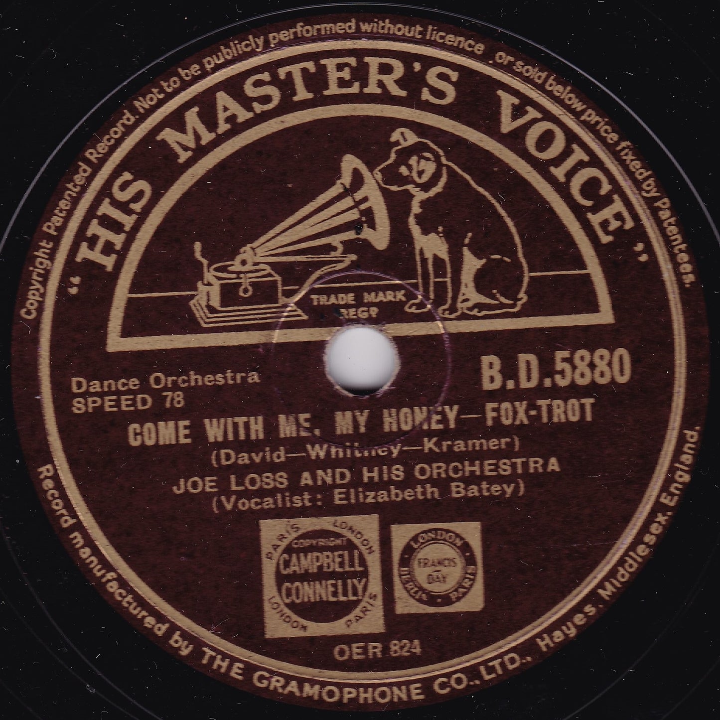 Joe Loss & His Orchestra ‎– Come With Me, My Honey (HMV) 10" shellac VG/-