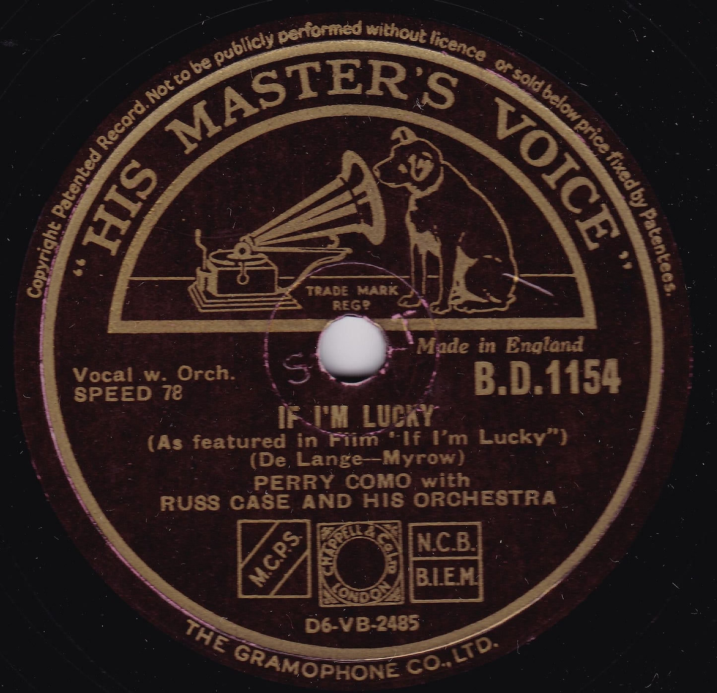 Perry Como - Blue Skies / If I'm Lucky (HMV 1946) 10" shellac VG/-