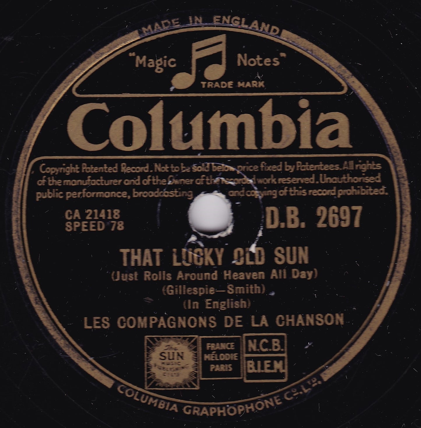 Les Compagnons De La Chanson ‎– That Lucky Old Sun (1950) 10" shellac G+/-