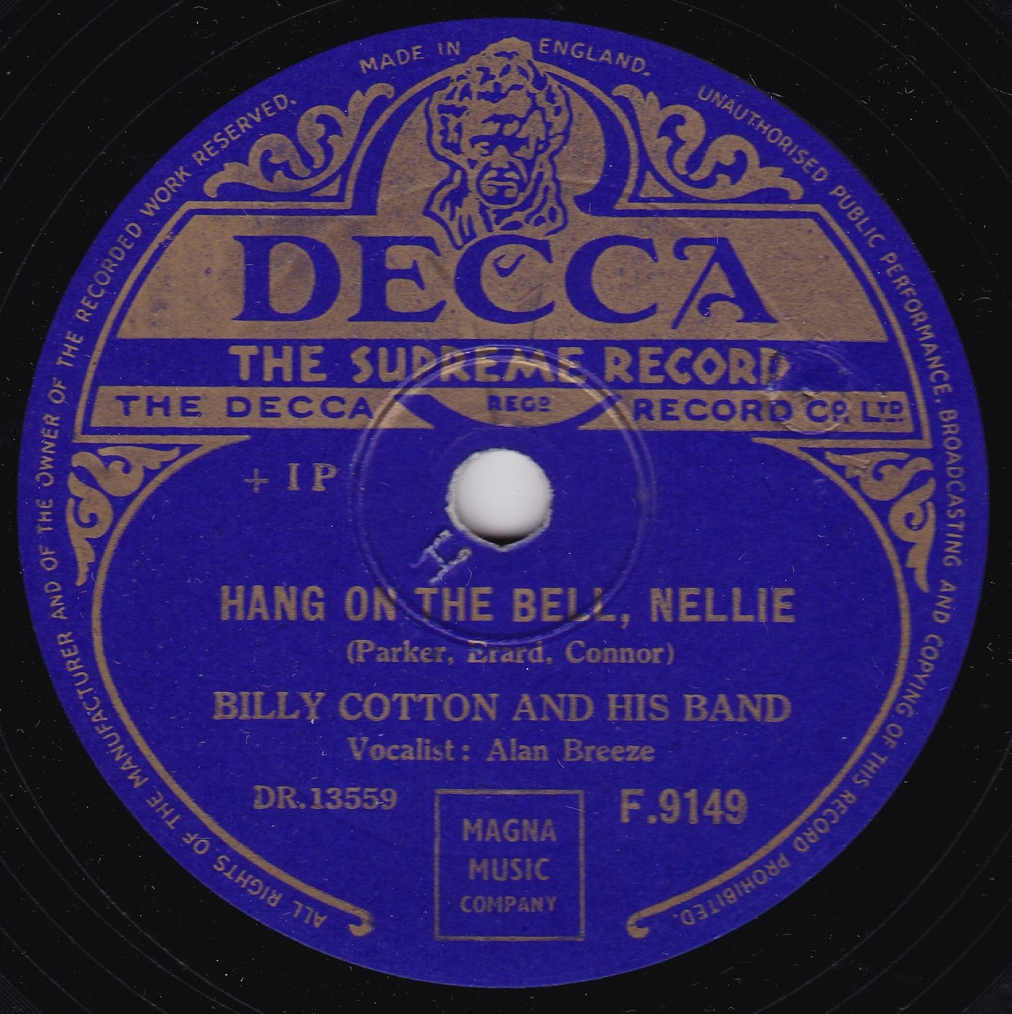 Billy Cotton And His Band - Hang On The Bell, Nellie (Decca) 10" shellac VG/-