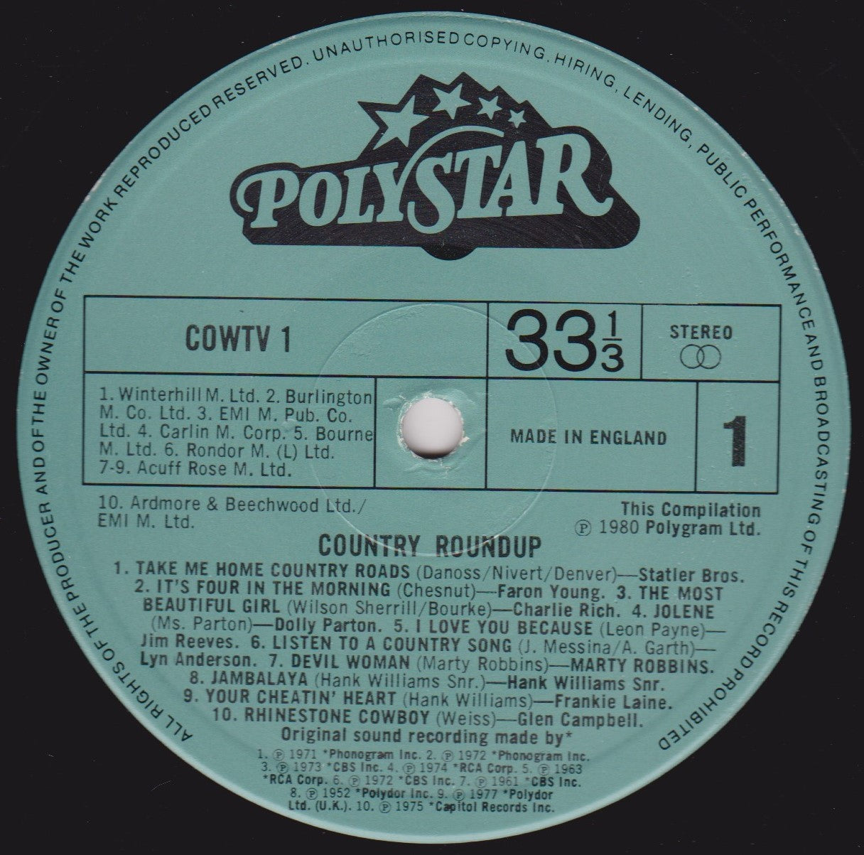 Various ‎– Country Roundup - 20 Country Classics (Polystar 1980) 12" vinyl LP G+/VG