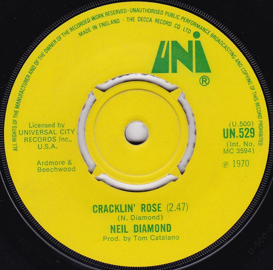 Neil Diamond ‎– Cracklin' Rose (UNI 1970) 7" vinyl single G+/-