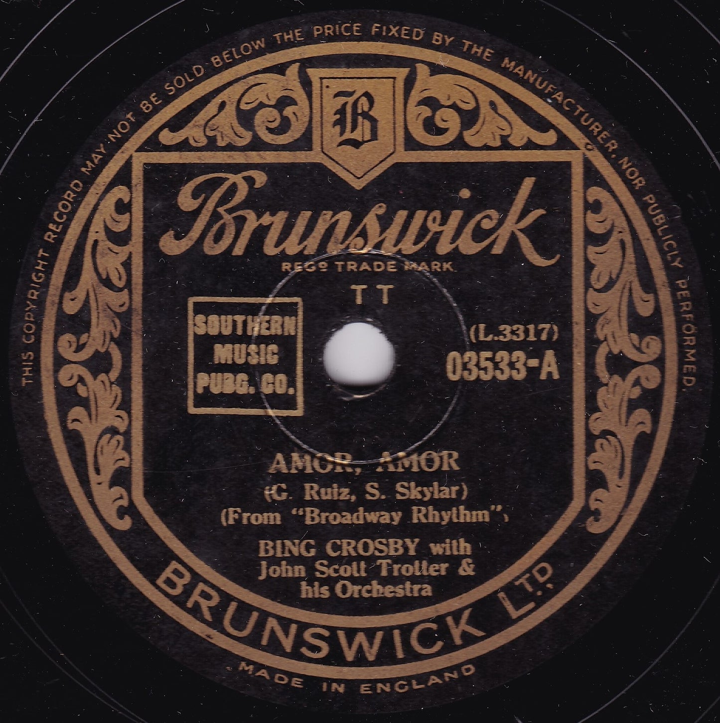 Bing Crosby – Amor, Amor / I'll Be Seeing You (Brunswick 1944) 10" shellac VG/-