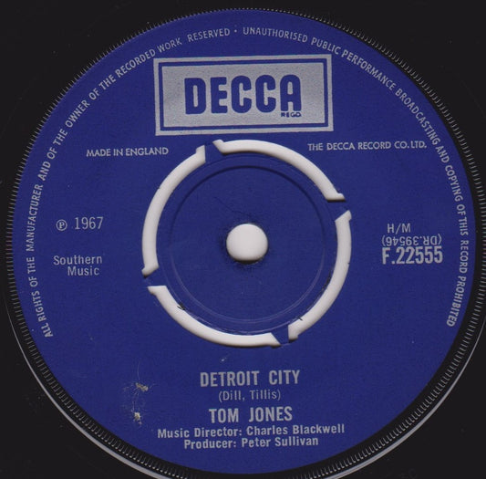 Tom Jones – Detroit City (Decca, 1967) 7" vinyl single VG/-